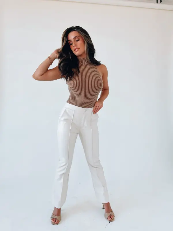 Cream Straight Leg Pleather Pants